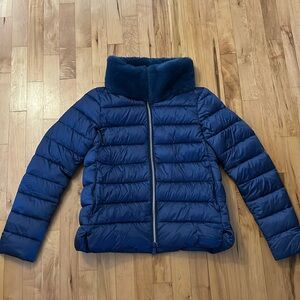Save the Duck Blue Sateen Puffer with Faux Fur Collar — Size S
